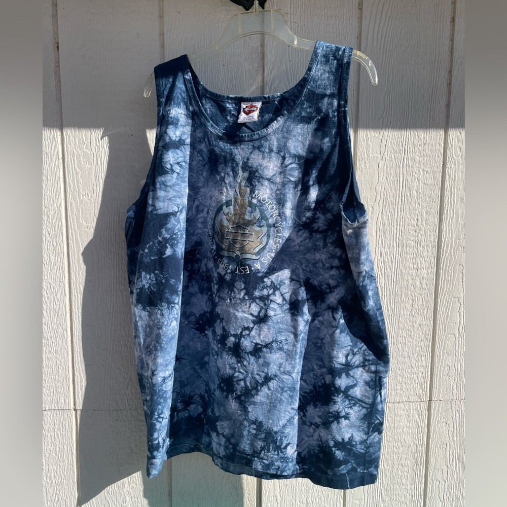 Vintage Harley Davison Heritage Cycle Blue Mens Tie Dye Tank Top XL